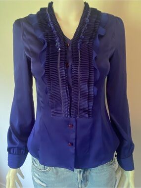 Women’s Royal Blue Ruffle-Front Button Blouse